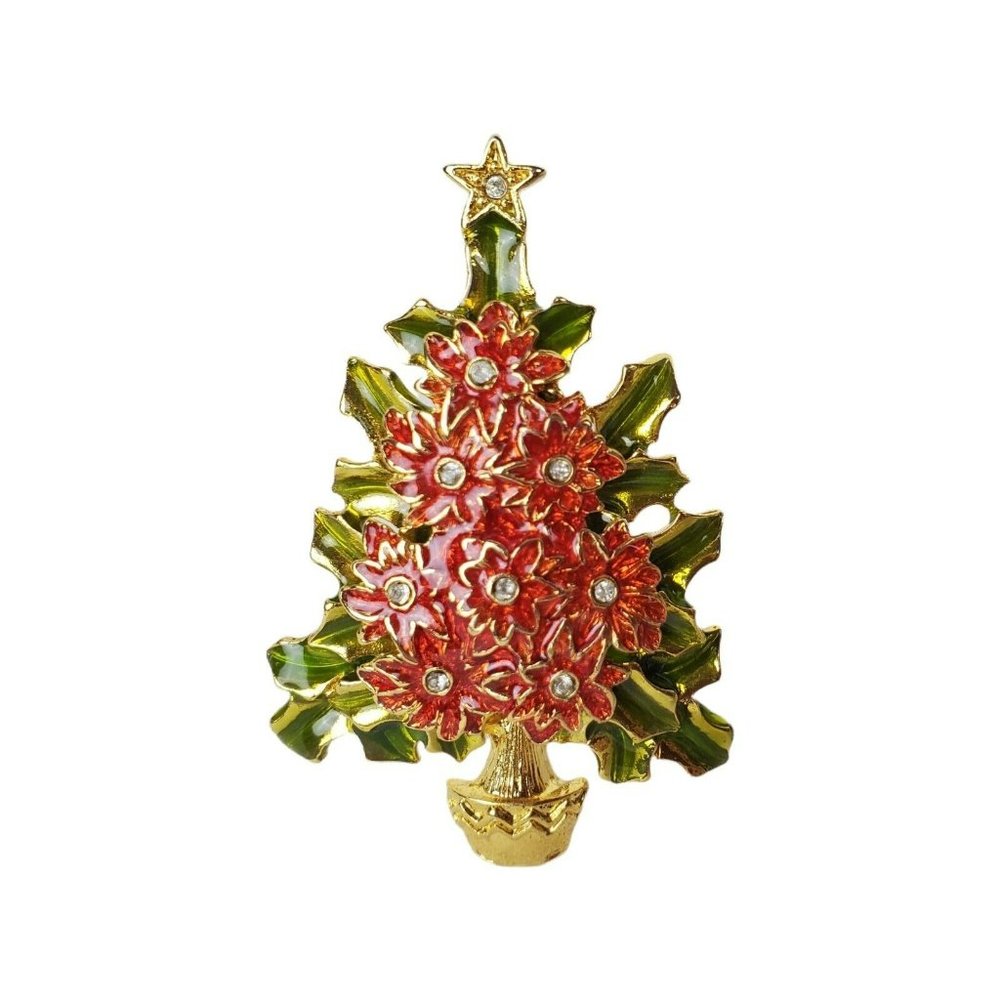Christopher Radko Poinsettia Christmas Tree Rhinestone Enamel Brooch Pin Holiday